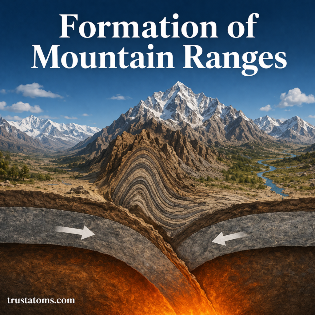 Illustration showing the formation of mountain ranges through tectonic plate collision and folding of Earth’s crust.
