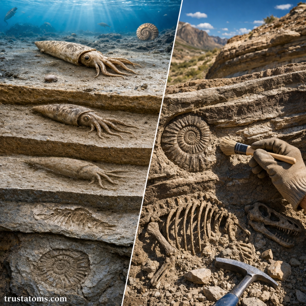 Split illustration showing fossil formation underwater through sediment layers on one side and fossil excavation from rock layers on the other.