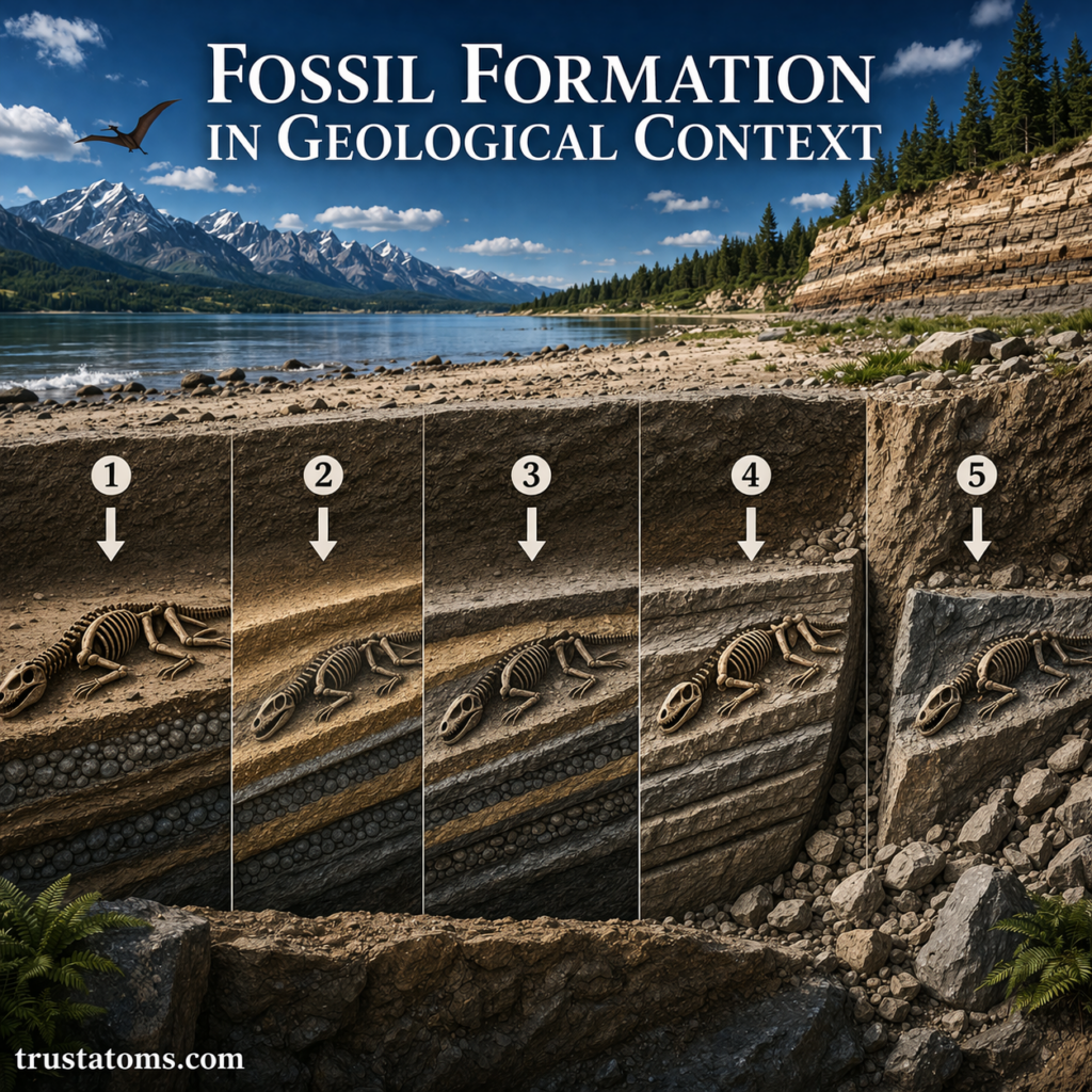Illustration showing fossil formation stages in geological context with sediment layers and preserved skeleton over time.
