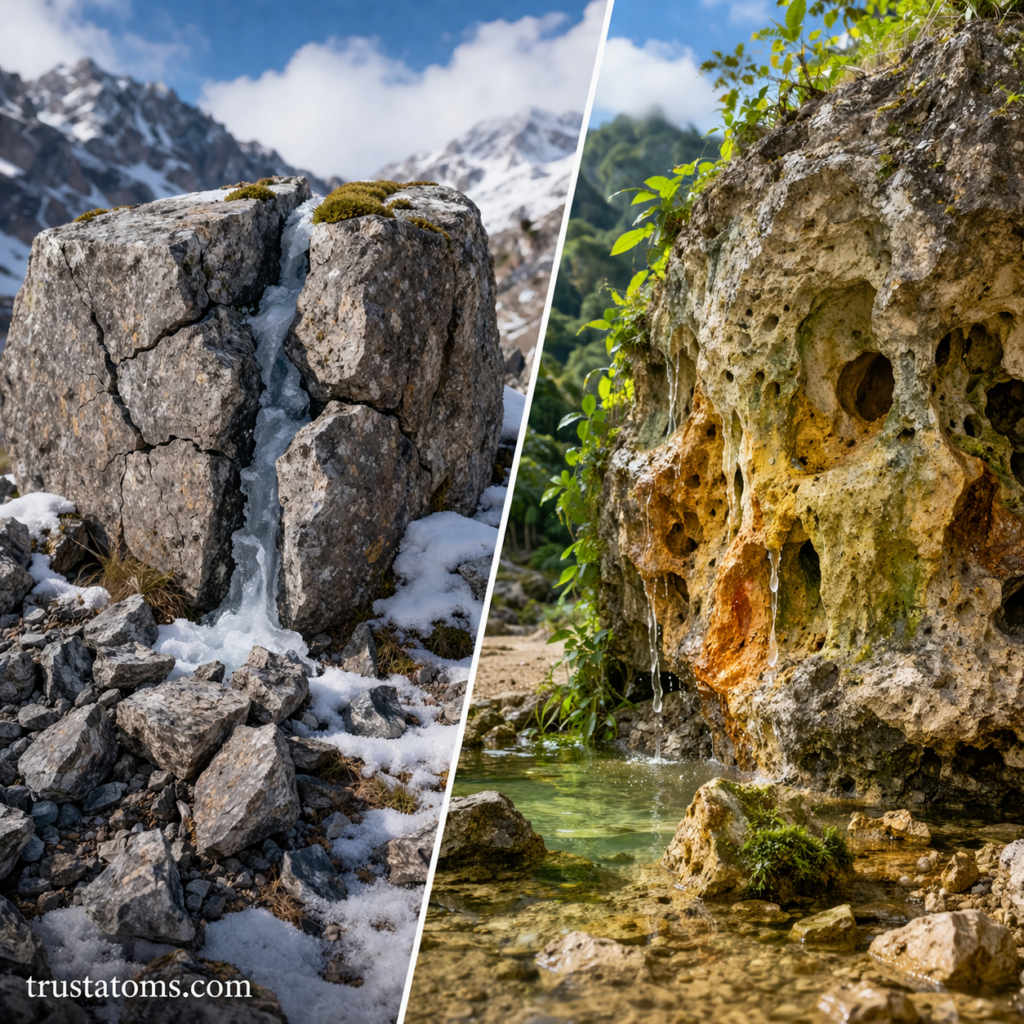 Split image showing freeze-thaw mechanical weathering on one side and chemical weathering dissolving rock on the other.