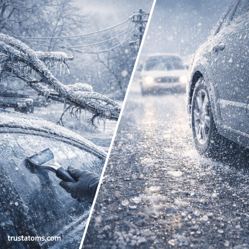 Split illustration showing freezing rain creating ice buildup on trees and cars, and sleet forming ice pellets on a road surface.