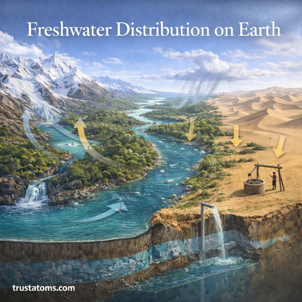 Illustration of freshwater distribution on Earth showing glaciers, rivers, groundwater, and arid regions with water movement across landscapes.