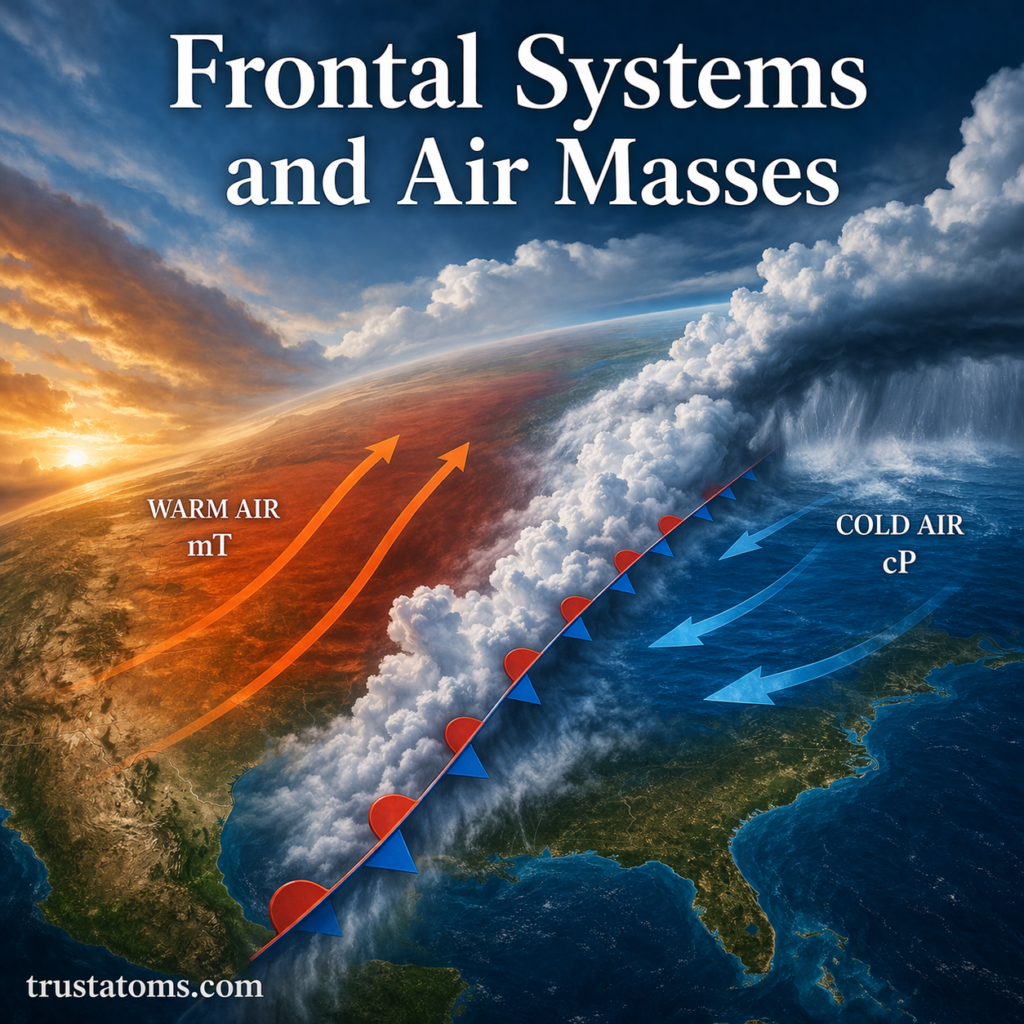 Illustration showing a frontal boundary between warm and cold air masses with clouds and directional airflow.