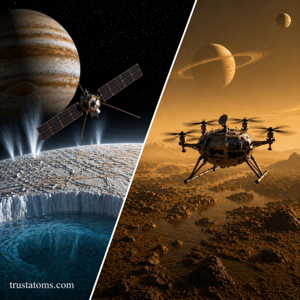 Split illustration showing spacecraft studying an icy ocean moon near Jupiter and a drone exploring a Titan-like surface.