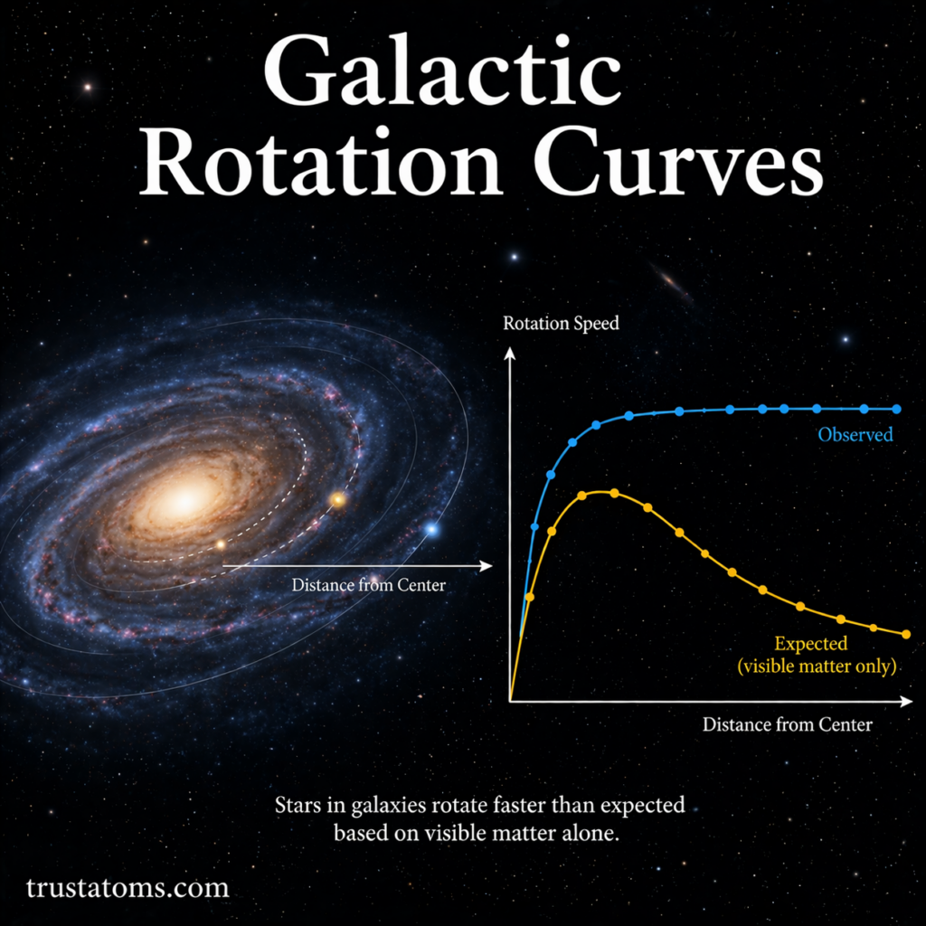 Illustration of a galaxy with a rotation curve graph comparing observed and expected orbital speeds.