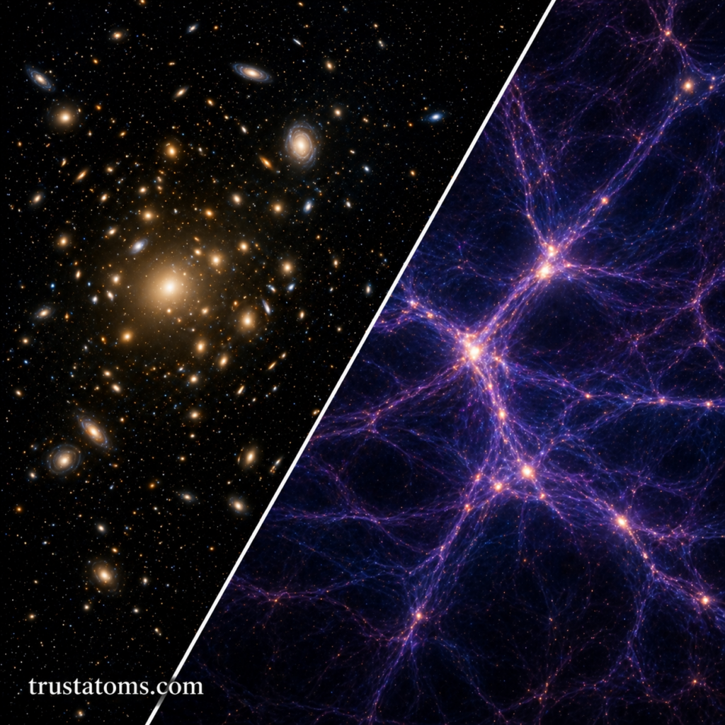 Split illustration showing a dense galaxy cluster on one side and the large-scale cosmic web with glowing filaments and nodes on the other.