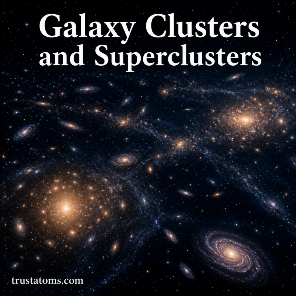Illustration showing multiple galaxy clusters and superclusters connected across a cosmic web with glowing galaxies and dense regions.