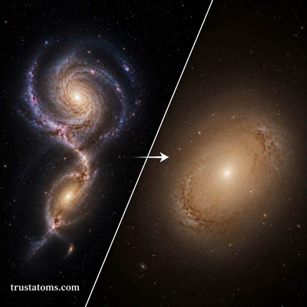 Split image showing two interacting spiral galaxies transitioning into a single elliptical galaxy after a merger.