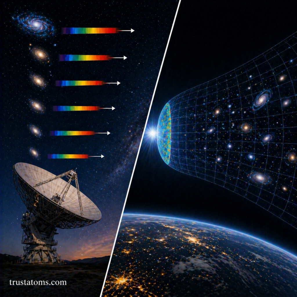 Split illustration showing galaxy redshift measurements with a radio telescope and a visual model of the expanding universe.