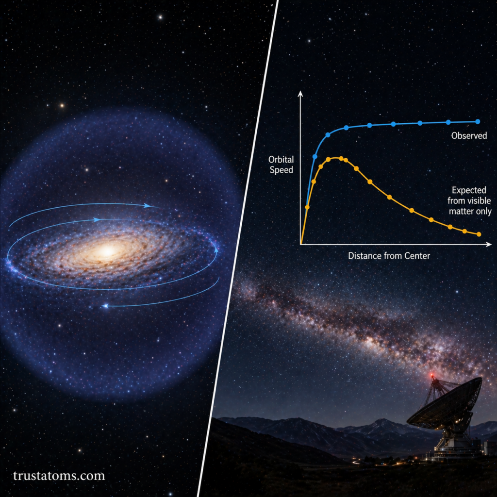Split illustration showing a galaxy with orbital motion and a comparison of observed versus expected rotation speeds.