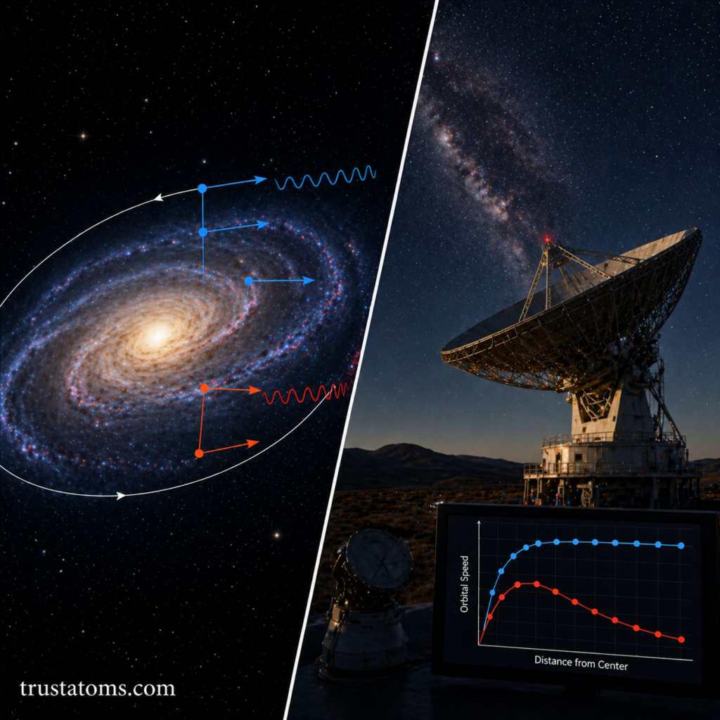 Split illustration showing Doppler shift measurements in a galaxy and a telescope analyzing rotation curve data.