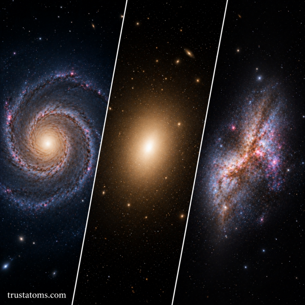 Side-by-side illustration of spiral, elliptical, and irregular galaxies highlighting their structural differences.