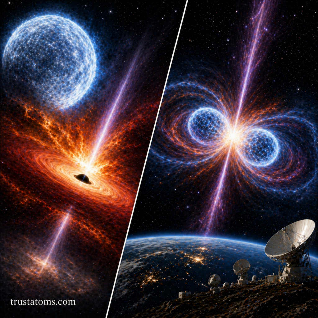 Split illustration comparing gamma-ray burst origins from a collapsing massive star and merging neutron stars with energy jets.
