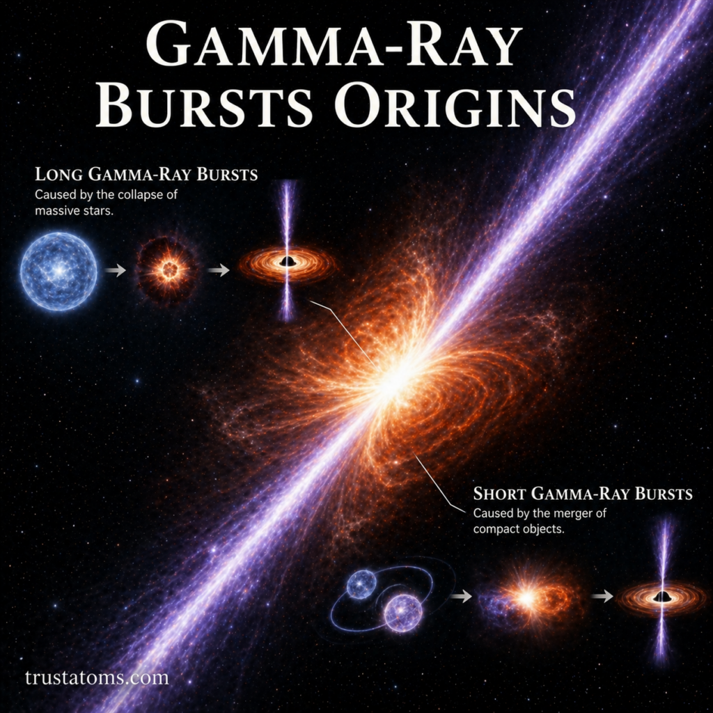 Illustration showing the origins of gamma-ray bursts from collapsing massive stars and merging neutron stars with powerful energy jets.