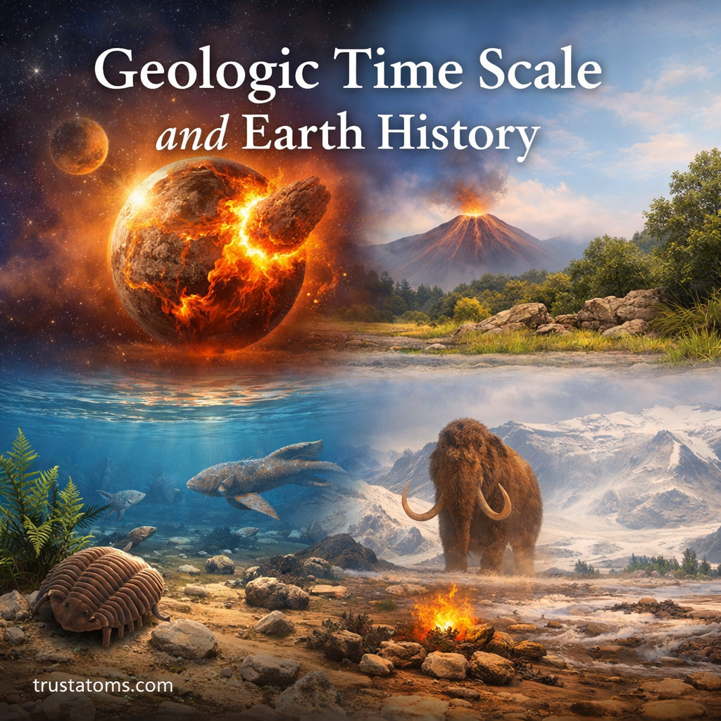 Illustration showing Earth’s geologic time scale with early molten Earth, volcanic landscape, ocean life, and ice age mammoth.