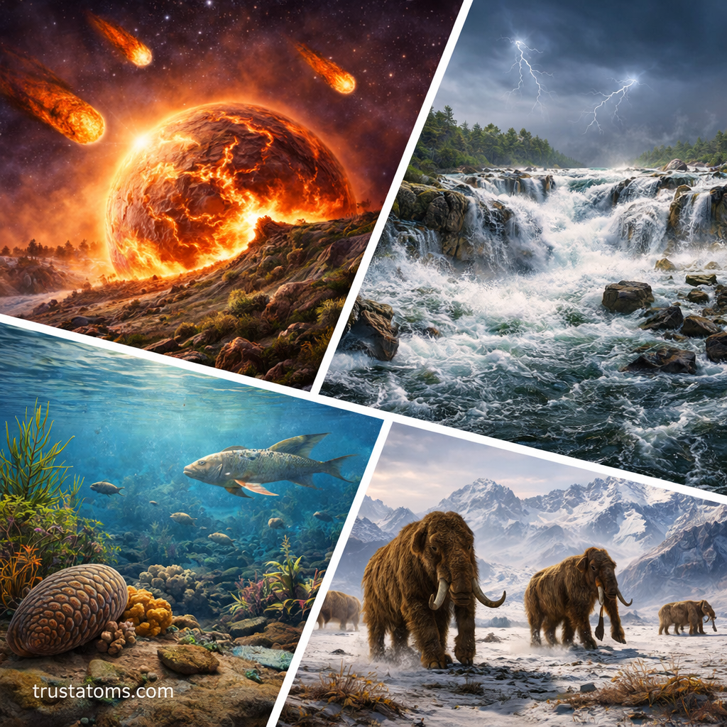 Diagonal split illustration showing early Earth formation, powerful waterfall erosion, ocean life, and ice age mammoths, with trustatoms.com watermark.