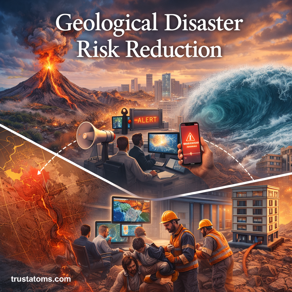 Illustration showing geological disaster risk reduction with volcano eruption, tsunami wave, earthquake damage, and emergency response systems.