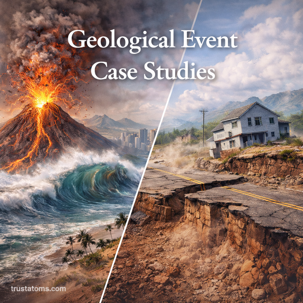 Illustration showing geological events including volcanic eruption, tsunami wave, and earthquake surface damage.
