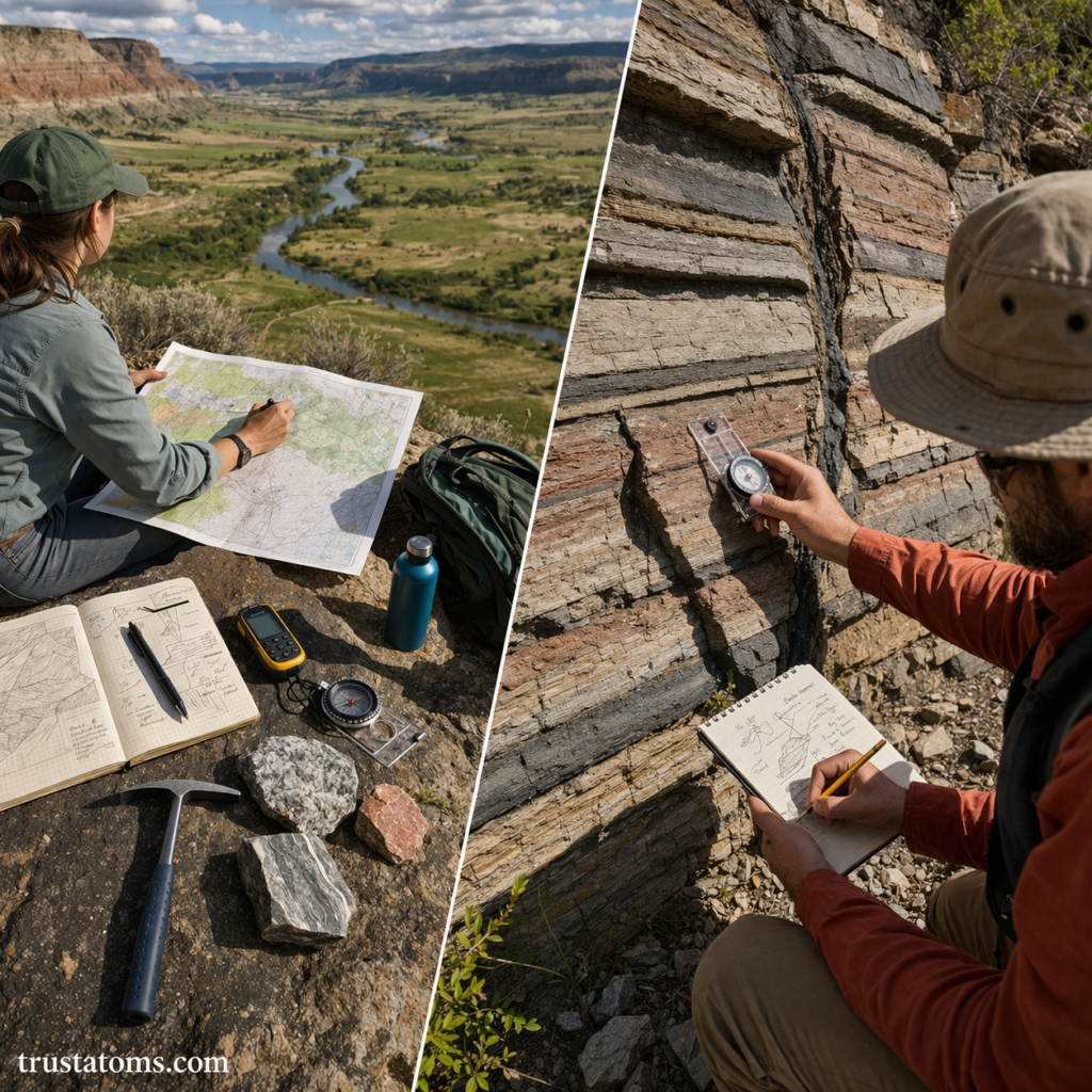 Split illustration showing geological fieldwork with map analysis on one side and rock layer measurement using a compass on the other.