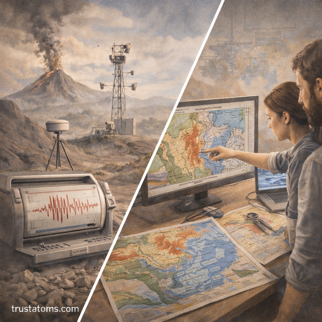 Split illustration showing geological monitoring equipment near a volcano and scientists analyzing hazard maps and data.