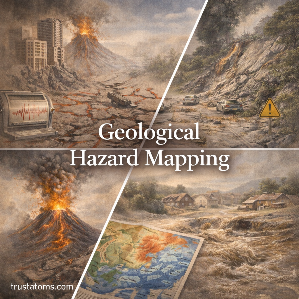 Illustration of geological hazard mapping showing earthquakes, landslides, volcanic eruptions, and flood risk areas.