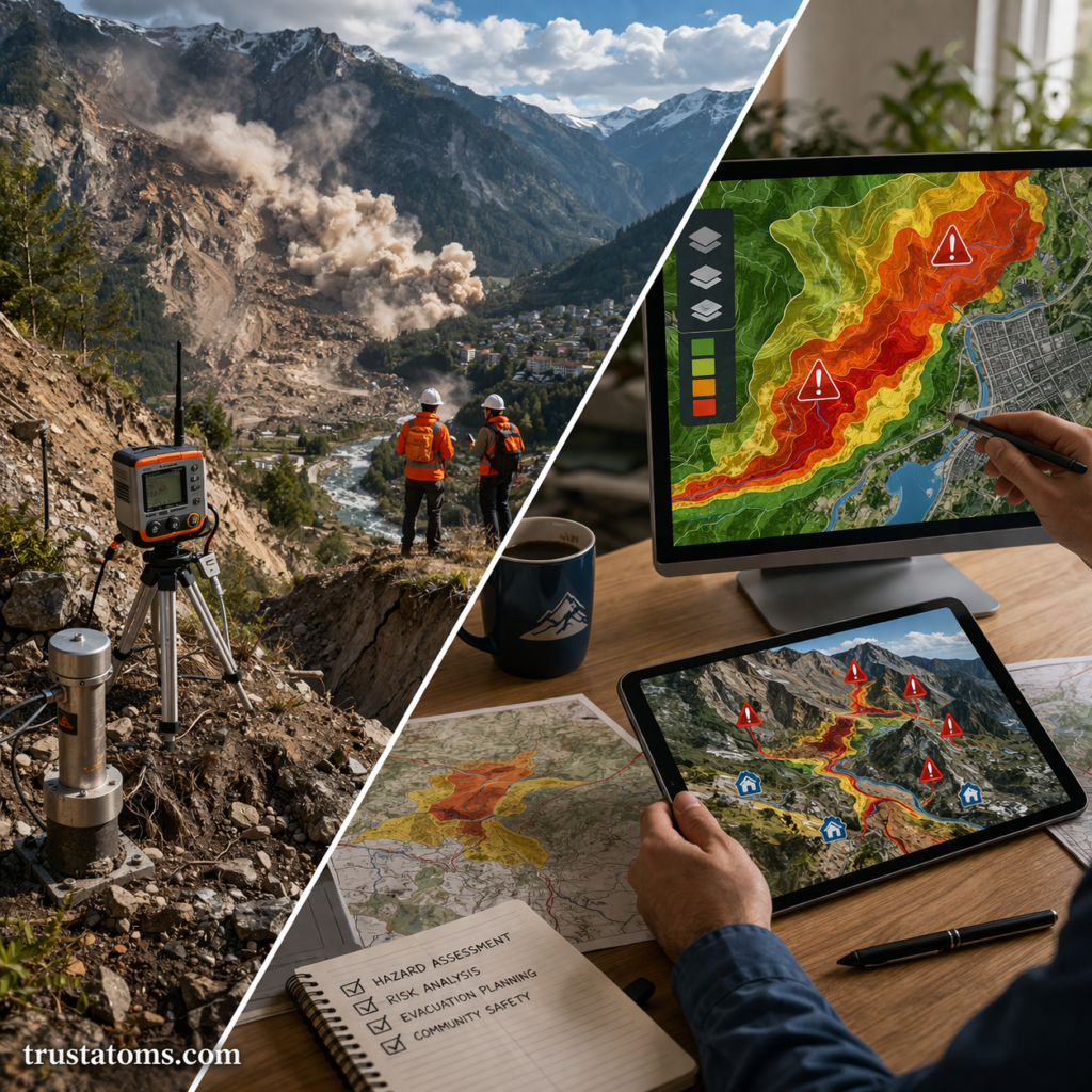 Diagonal split image showing landslide field monitoring with equipment and digital GIS risk mapping on a computer and tablet.