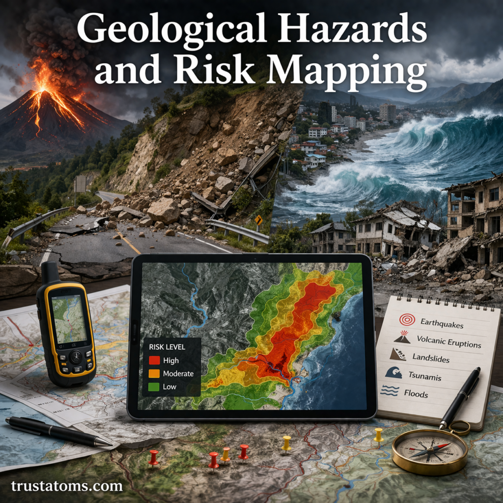 Illustration showing geological hazards like earthquakes, landslides, volcanoes, and tsunami with a digital risk map displaying danger zones.