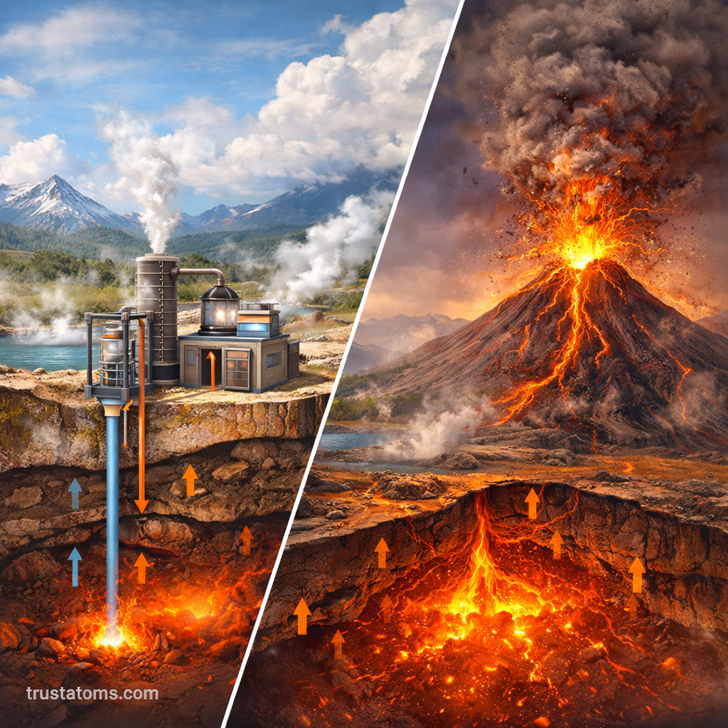 Split illustration comparing geothermal energy system with underground heat extraction and an erupting volcano with rising magma.