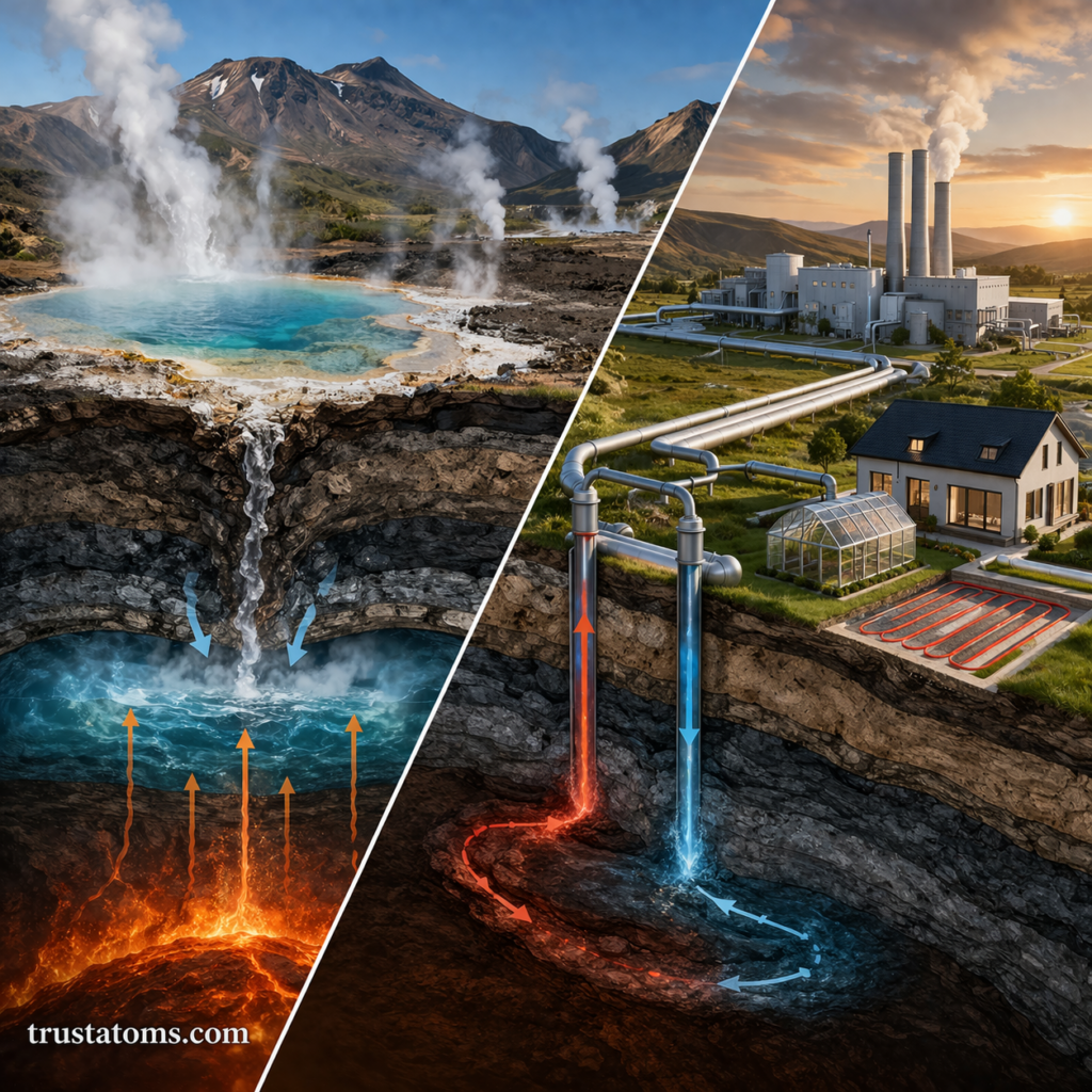 Split illustration comparing natural geothermal features like hot springs and magma heat with engineered geothermal power systems and home heating.