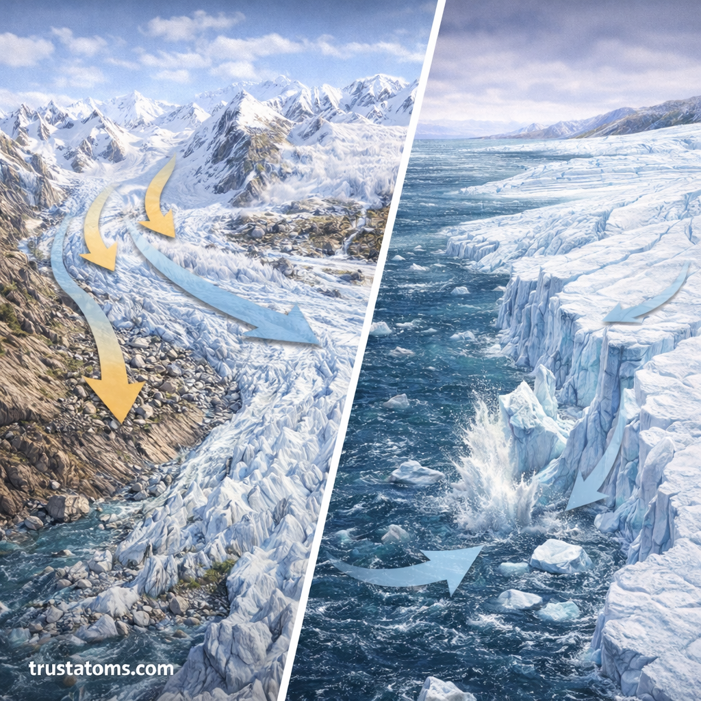 Split illustration showing glacier accumulation and ice flow on one side and iceberg calving into the ocean on the other.