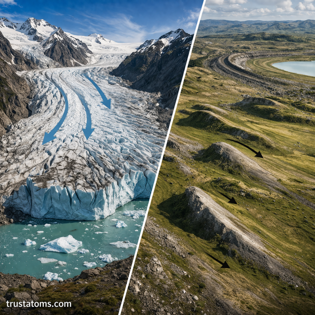 Split image showing glacier ice flow in a mountain valley and drumlin hills formed by glacial movement on a grassy plain.