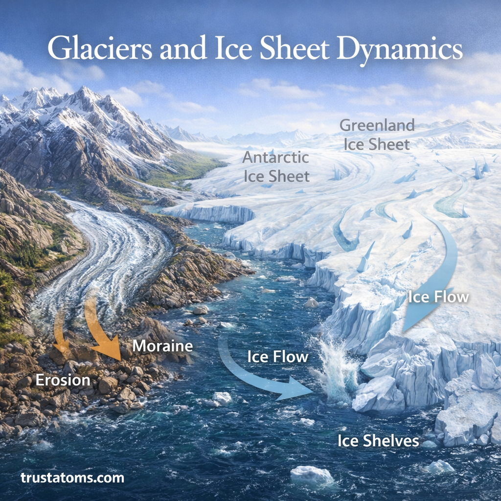 Illustration of glaciers and ice sheet dynamics showing ice flow, erosion, moraines, and ice shelves across polar and mountain environments.