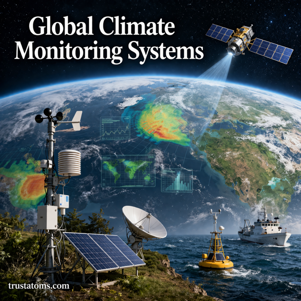 Global climate monitoring systems illustration showing satellites, weather stations, ocean buoys, and Earth observation technology.