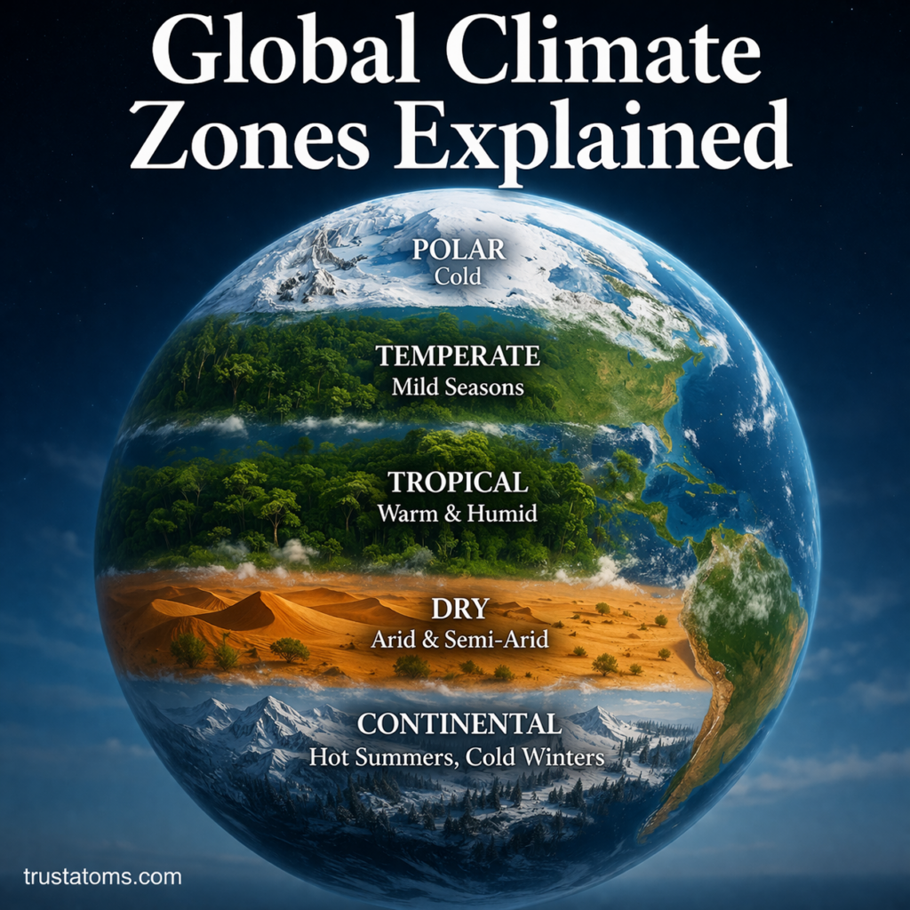 Illustrated diagram of Earth showing global climate zones including tropical, dry, temperate, continental, and polar regions.