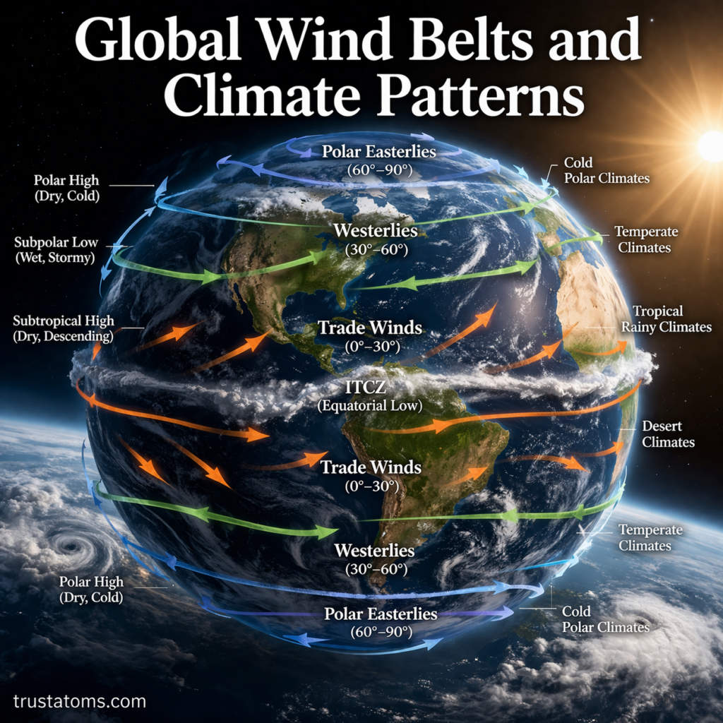 Illustration of Earth showing global wind belts with directional air flow and climate zones across different latitudes.