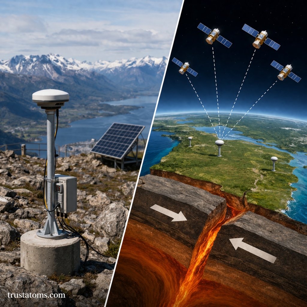 Split illustration showing a GPS ground station and satellite signals tracking tectonic plate movement.