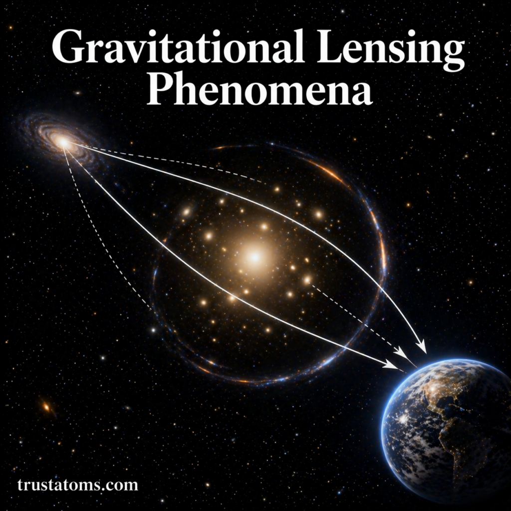 Illustration of gravitational lensing showing light bending around a massive galaxy cluster and forming arcs toward Earth.