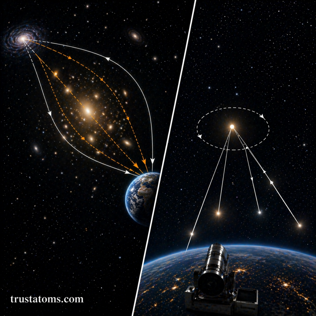Split illustration showing strong gravitational lensing bending galaxy light and microlensing creating multiple star images observed from Earth.