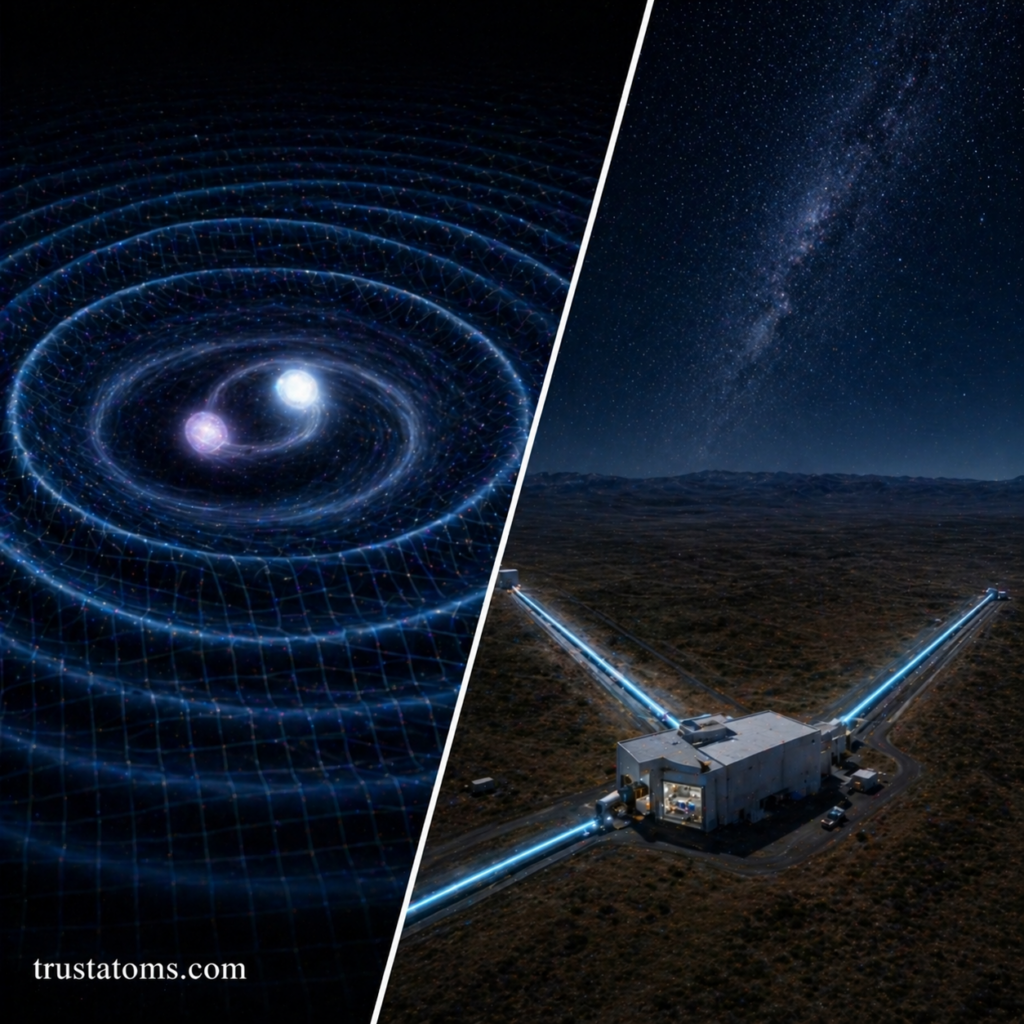 Split illustration showing spacetime ripples from orbiting massive objects and a ground-based gravitational wave detector observatory.