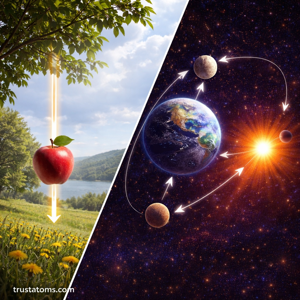 Split illustration showing an apple falling due to gravity on Earth and celestial bodies interacting through gravity in space.