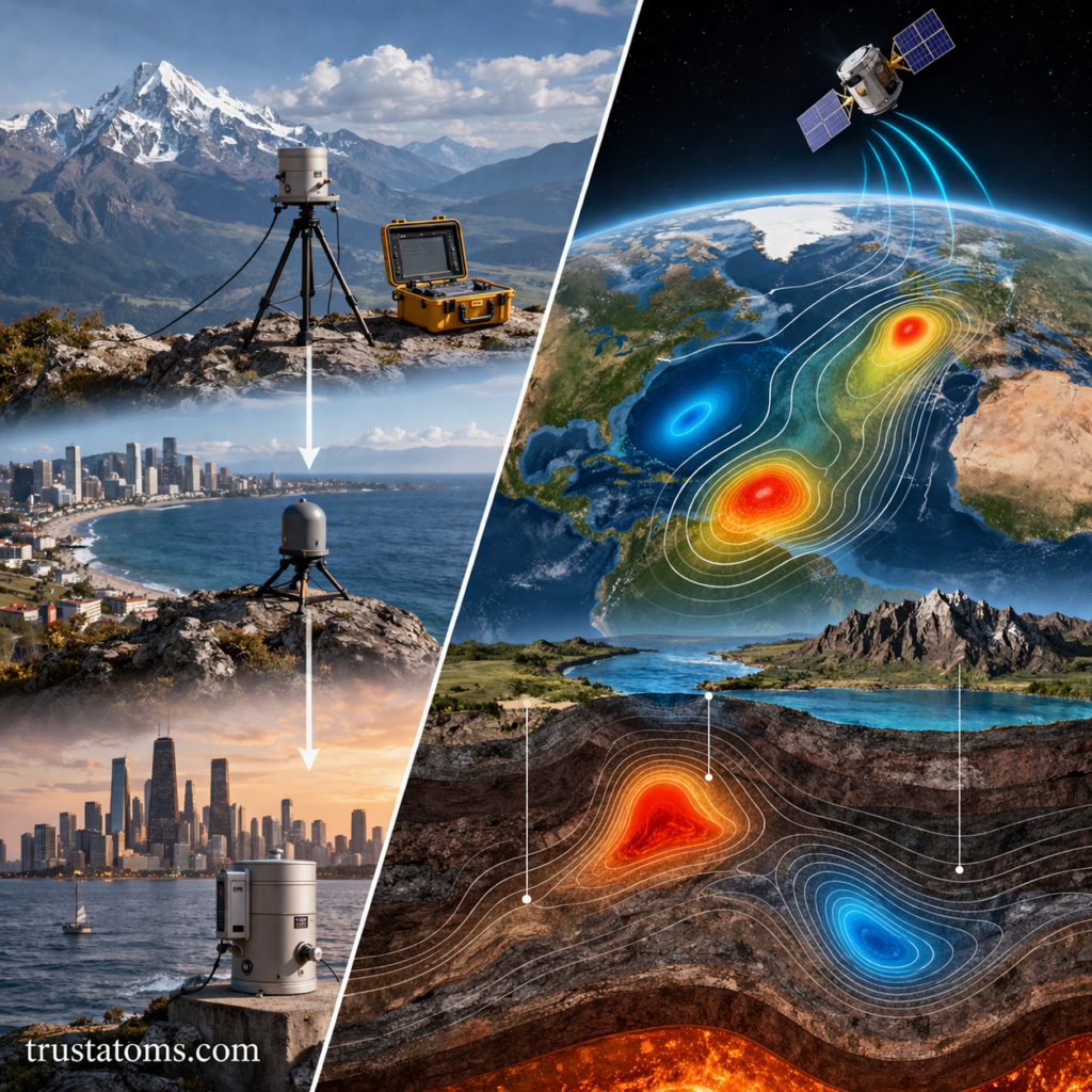 Split diagram showing gravity measurement instruments on Earth and satellite mapping of gravitational anomalies.