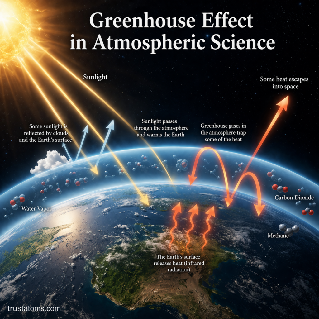 Illustrated diagram of the greenhouse effect showing sunlight entering Earth, heat radiation, and greenhouse gases trapping heat in the atmosphere.