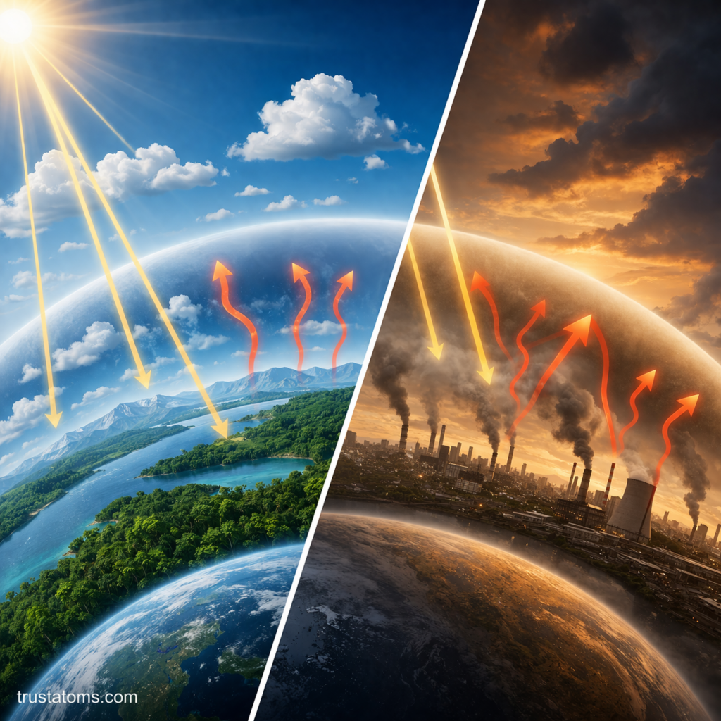Split image comparing natural greenhouse effect with a clean environment and enhanced greenhouse effect with industrial pollution and trapped heat.
