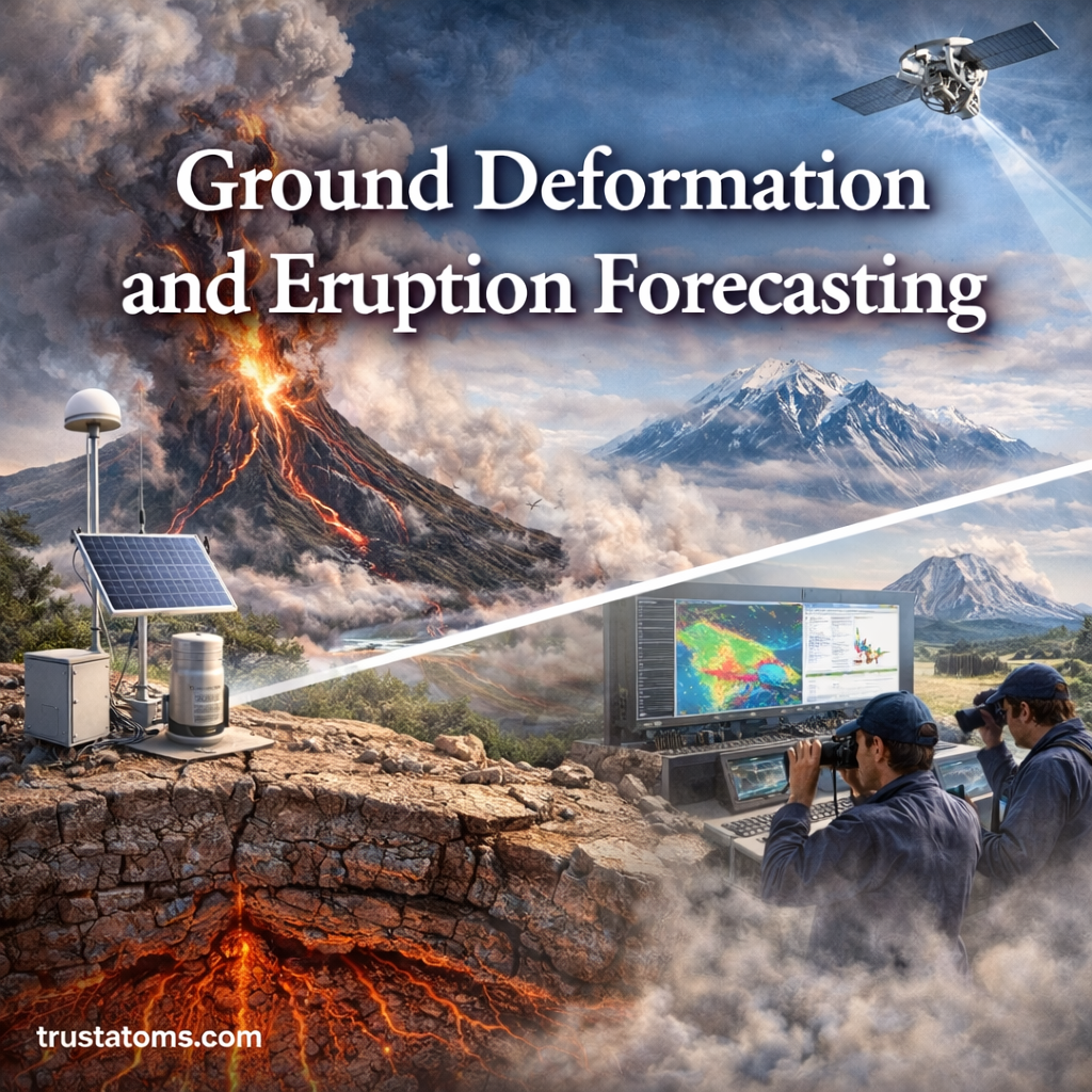 Illustration showing ground deformation near a volcano with magma movement underground and monitoring equipment tracking changes.
