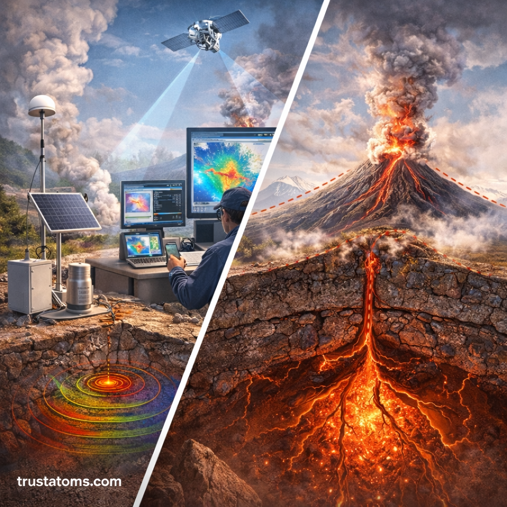 Split illustration showing ground deformation monitoring equipment with satellite data on one side and underground magma movement causing a volcanic eruption on the other.