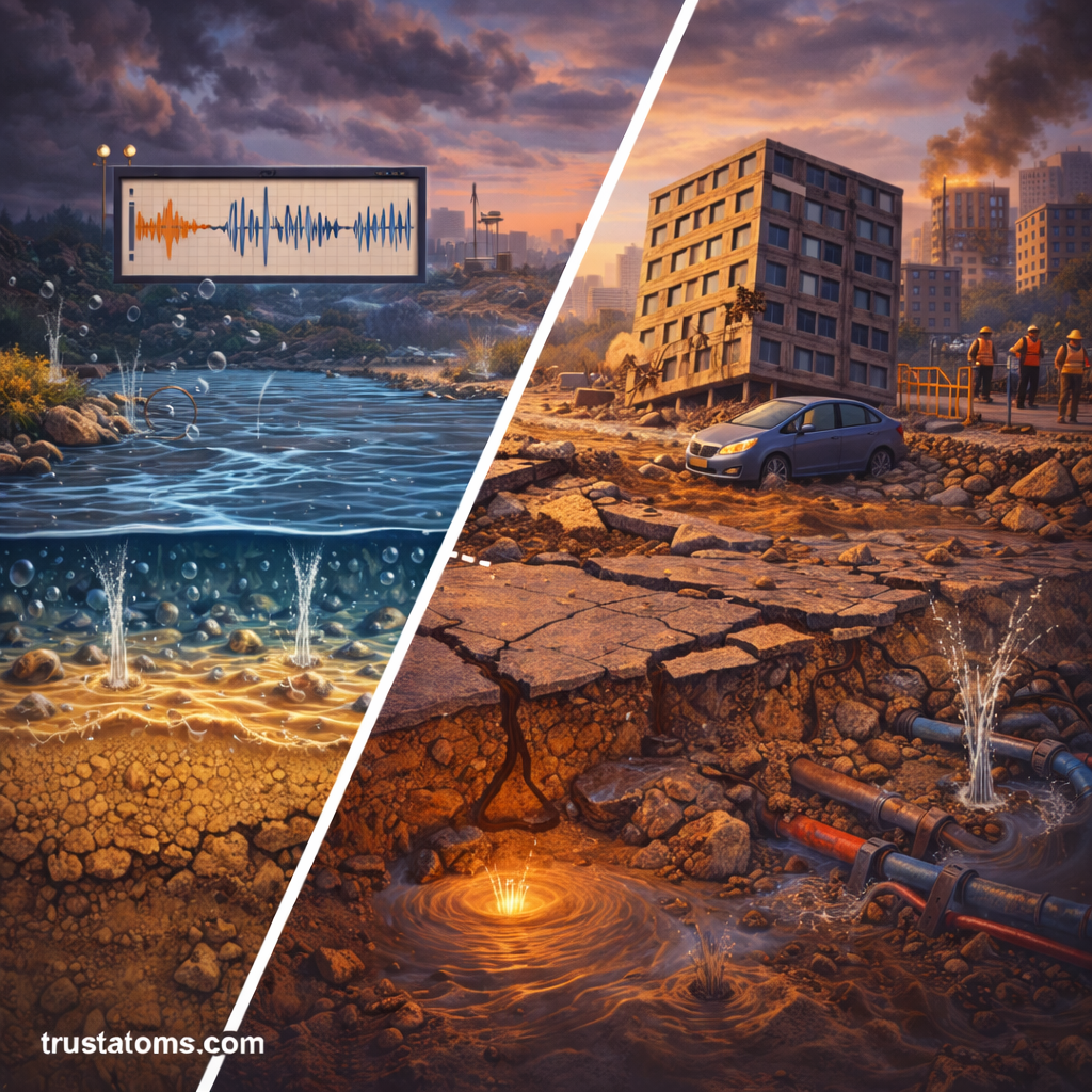 Split illustration showing water-saturated soil conditions and resulting ground liquefaction damage with sinking buildings and cracked infrastructure.
