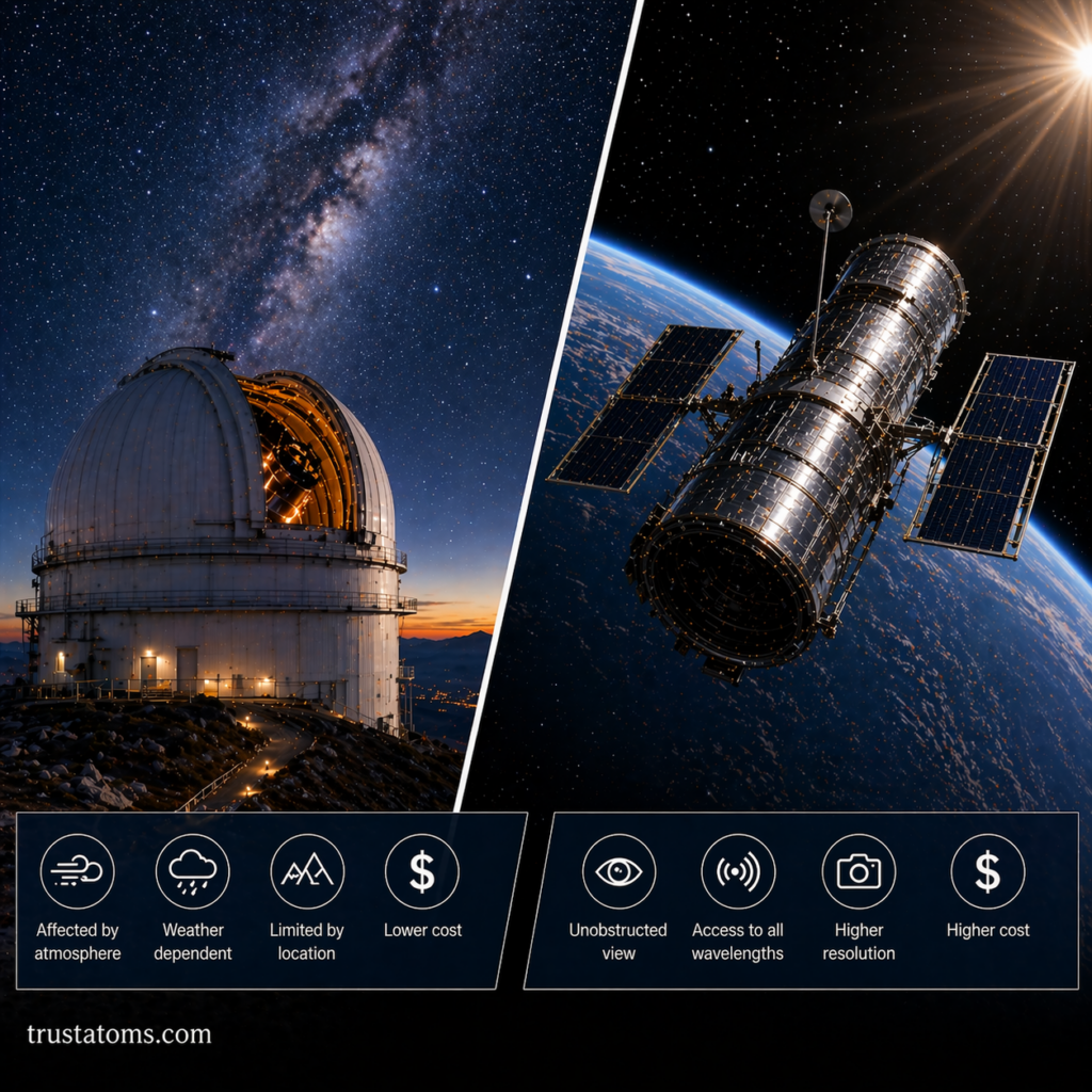 Split illustration comparing ground-based observatory on Earth and space-based telescope orbiting above the planet.