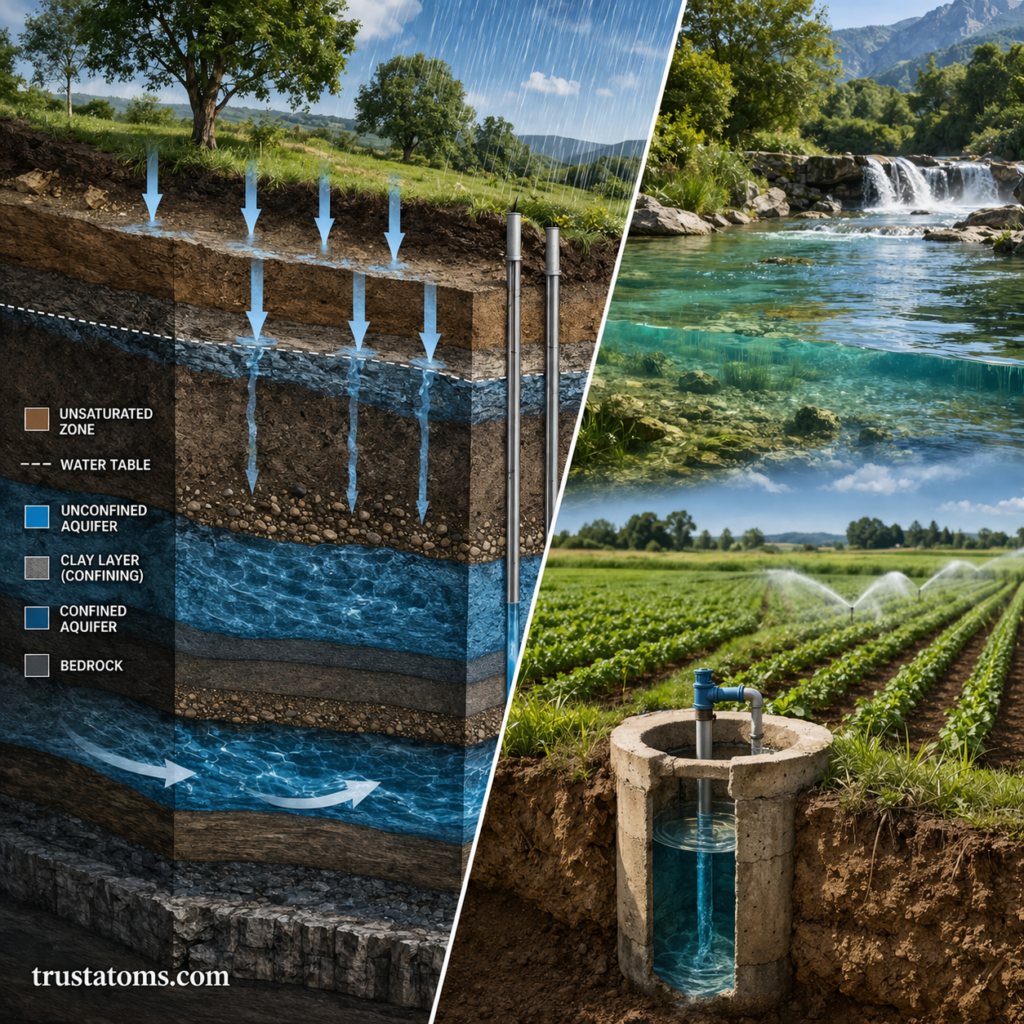 Split illustration showing groundwater recharge into aquifers and real-world use through wells, rivers, and agricultural irrigation.
