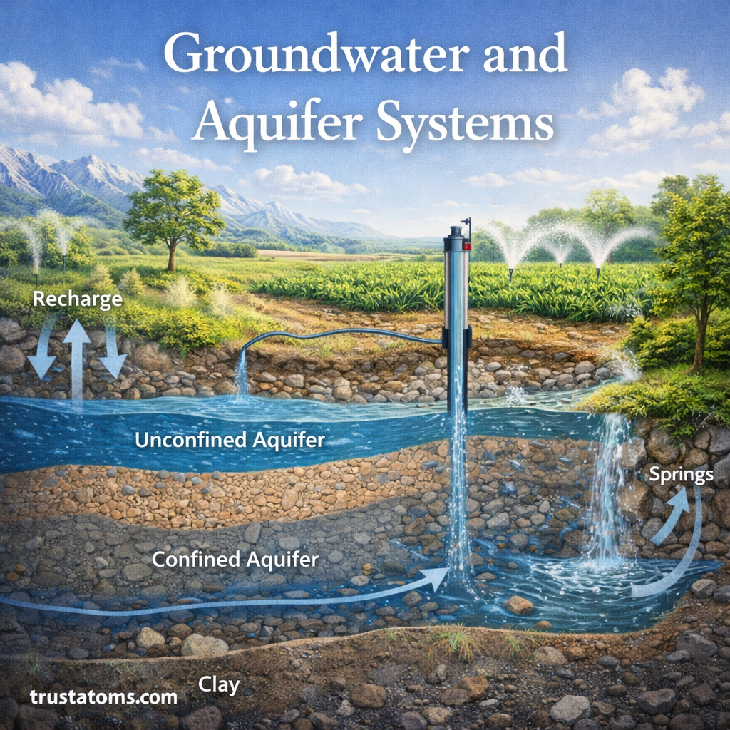 Illustration of groundwater and aquifer systems showing unconfined and confined aquifers, recharge, wells, and underground water flow.