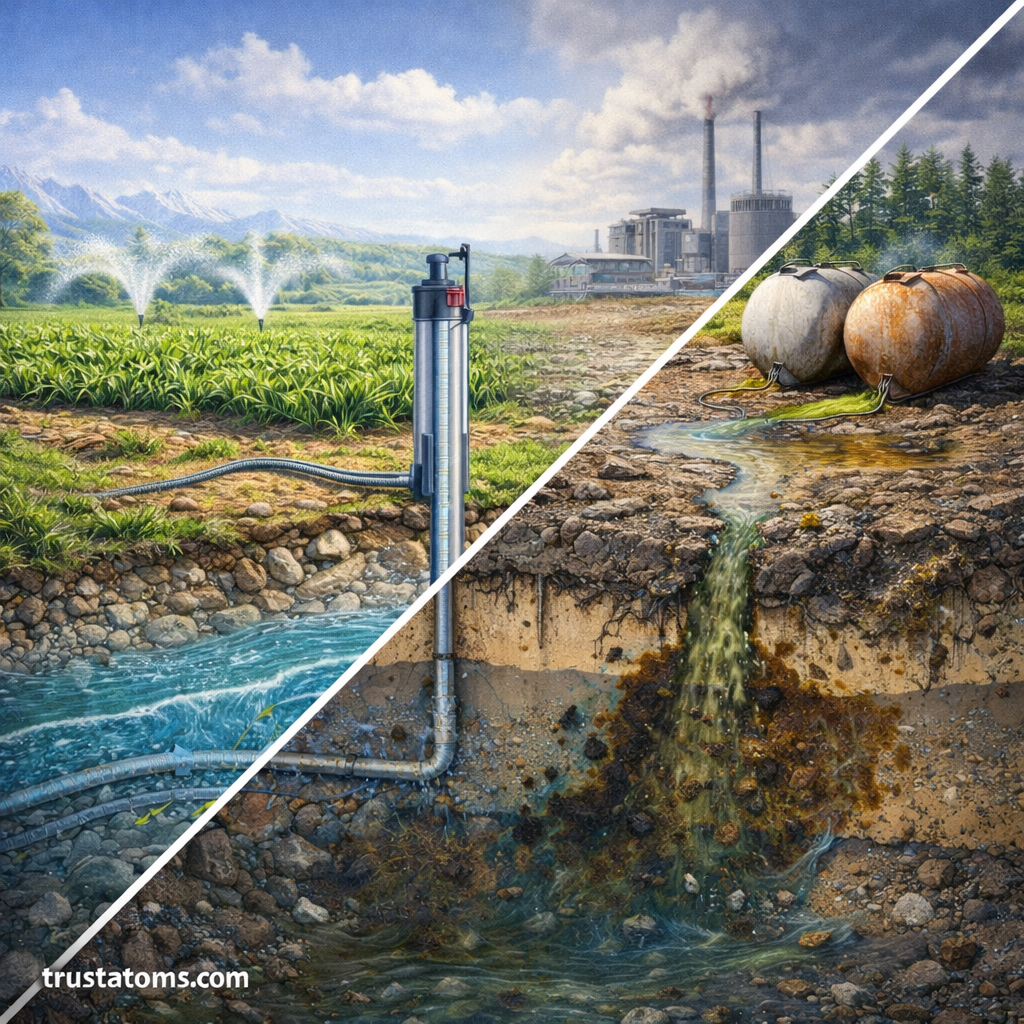 Split illustration showing sustainable groundwater use in agriculture on one side and groundwater contamination from industrial pollution on the other.